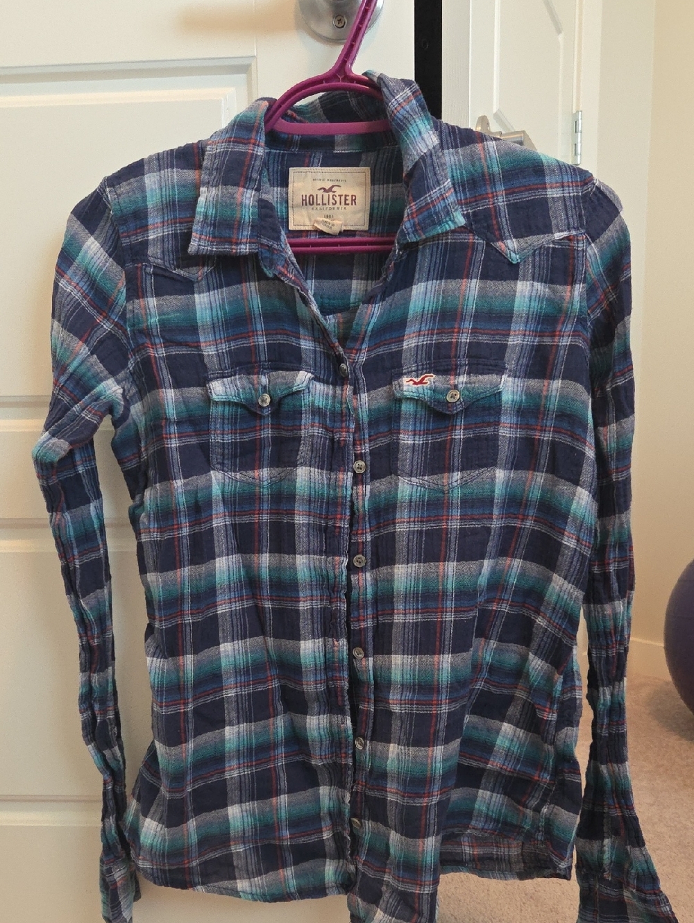 Hollister Navy and Teal Plaid Button-Down Shirt